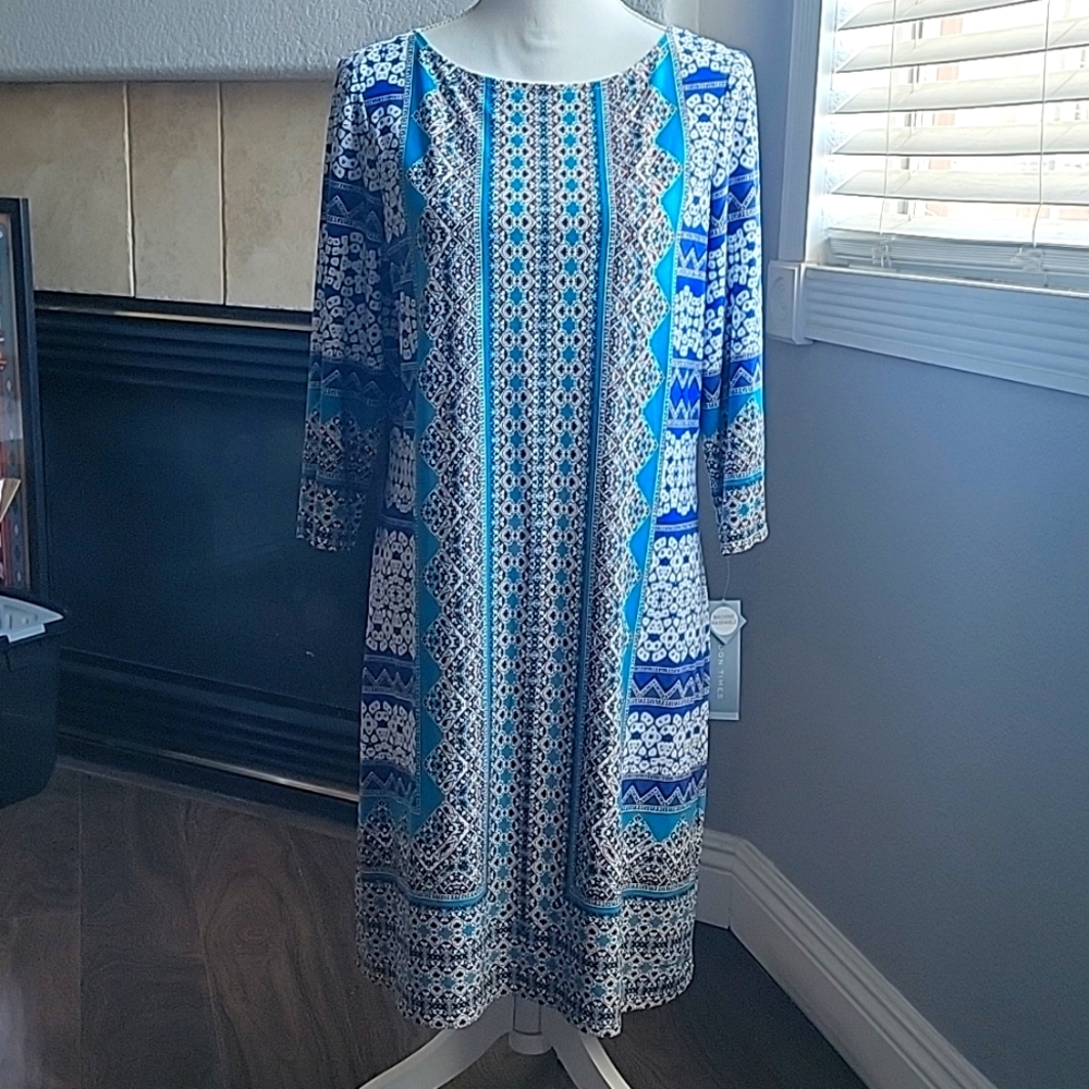 London Times size 12 shift dress, blue, turquoise patterns
